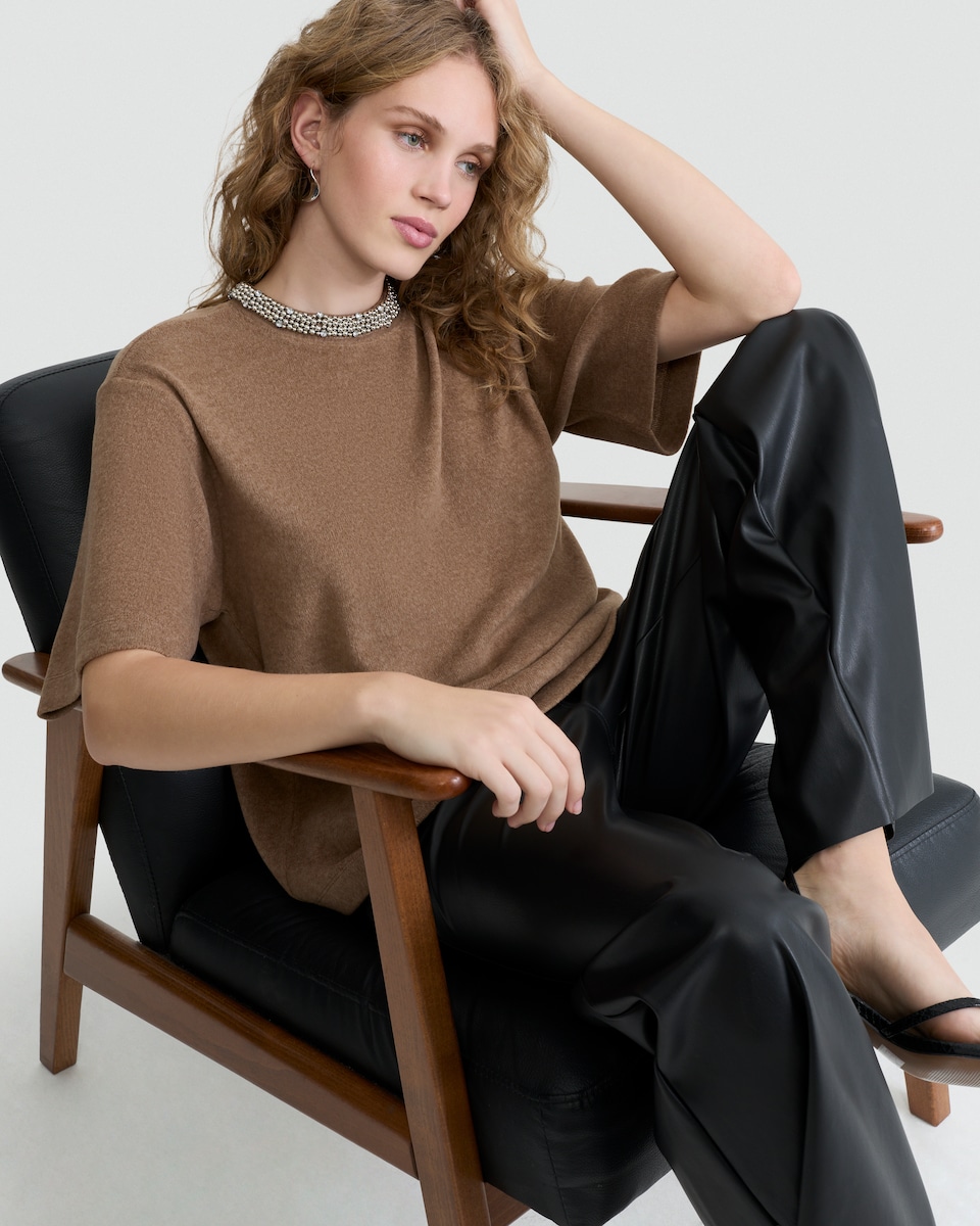 image 1 of F&F Embellished Neck Top in Tan