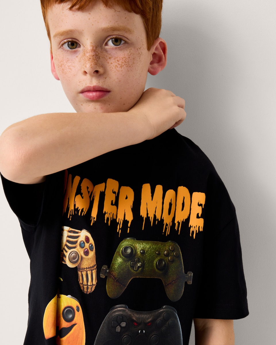 image 1 of F&F Boys Pure Cotton Halloween Print T-Shirt in Black