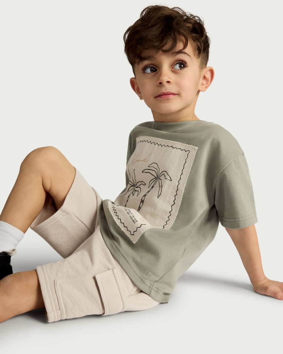 image 1 of F&F Boys 2-Piece Island Adventures T-Shirt and Cargo Shorts Set in Khaki