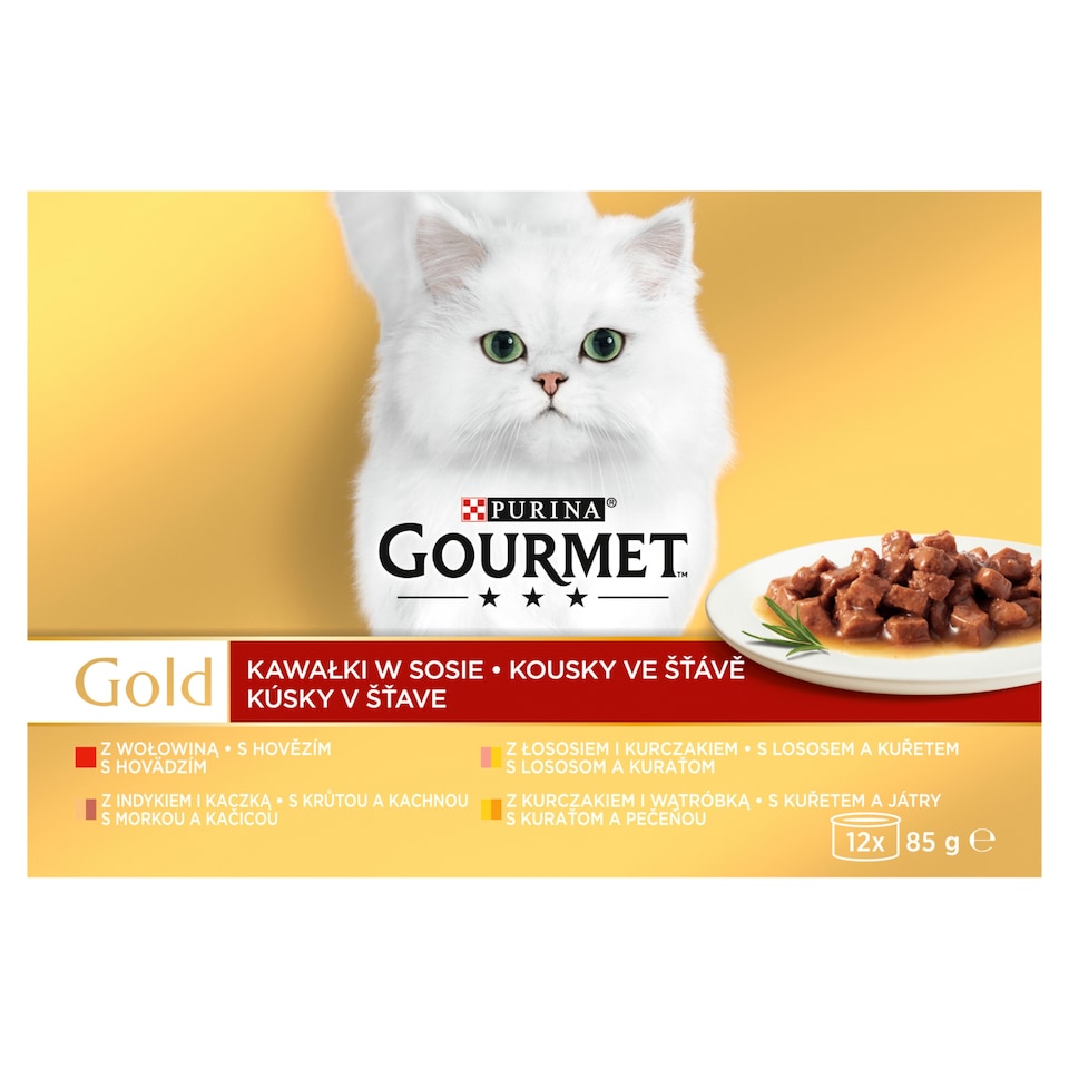 obrázok 1 z Gourmet Gold konzervy pre mačky hovädzie, morka a kačica, losos a kura, kura a pečeň 12 x 85 g