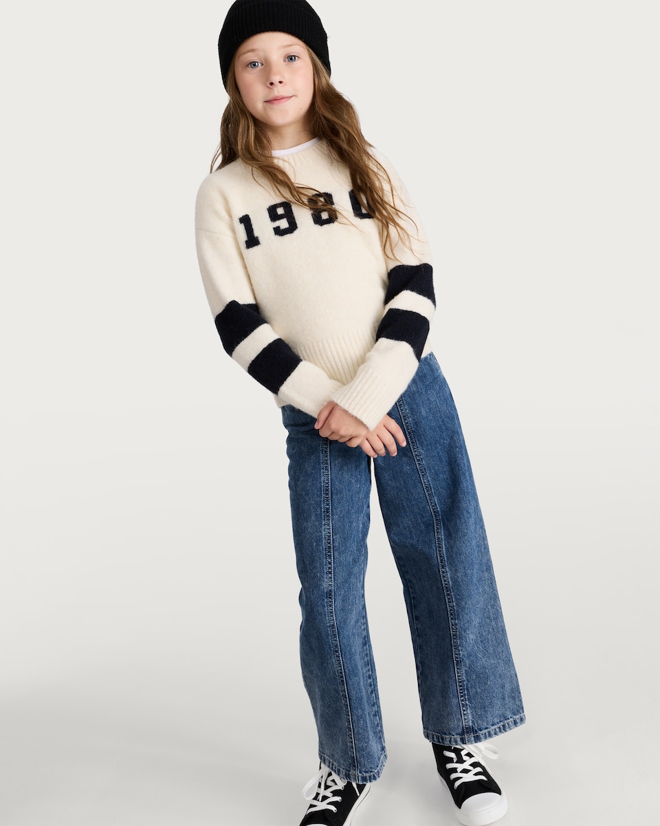 image 1 of F&F Girls 1980 Striped Sleeve Jumper with Wool in Cream