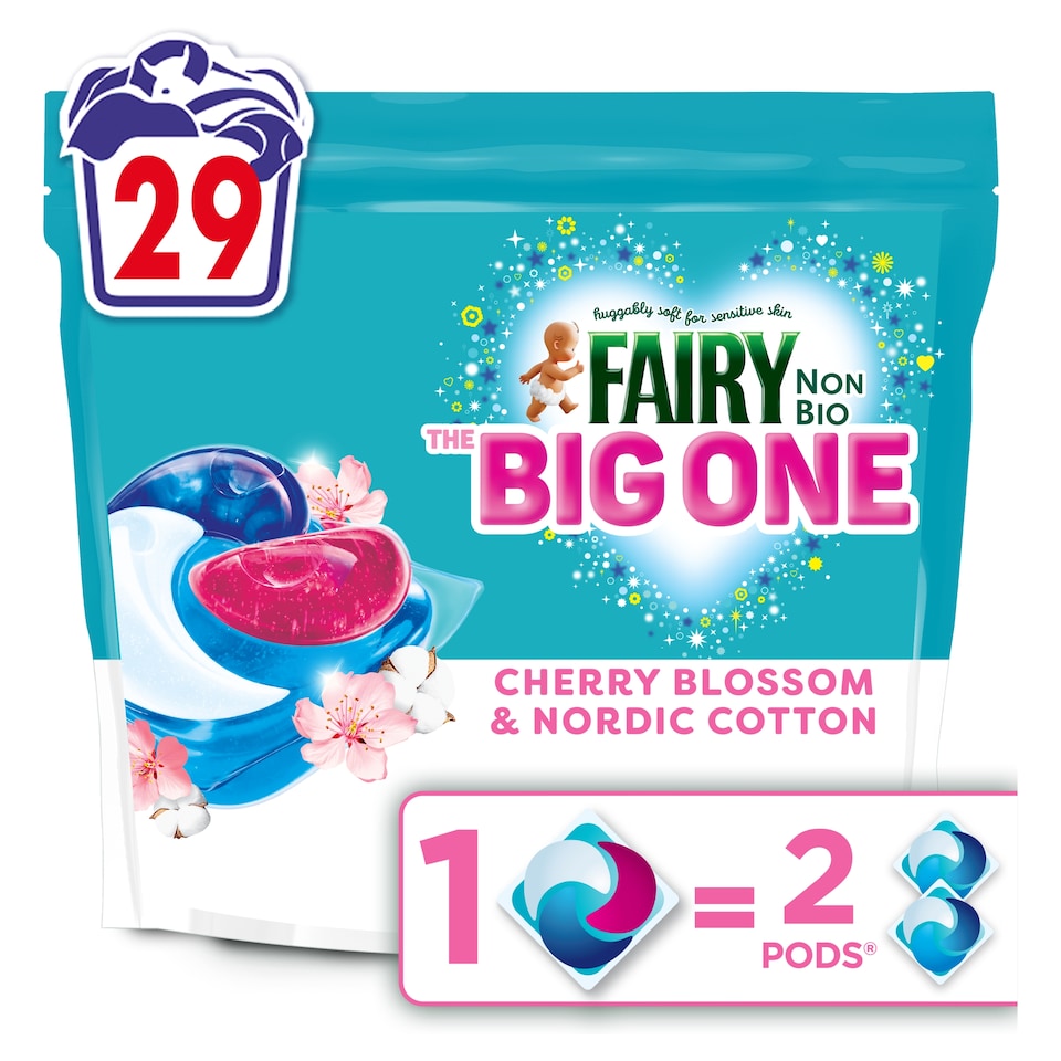 image 1 of Fairy Non Bio The Big One Cherry Blossom & Nordic Cotton  Washing Liquid Pods 29 Washes 1151.3g