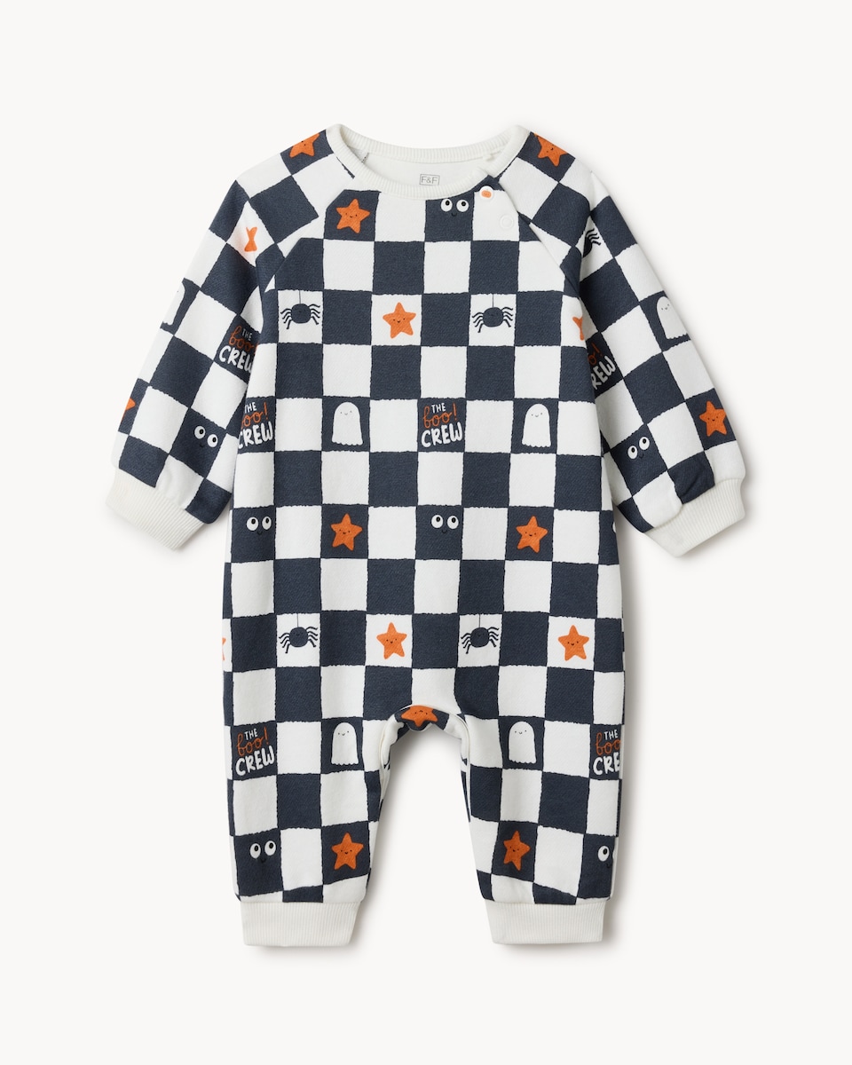image 1 of F&F Baby Cotton Rich Halloween Boo Crew Sleepsuit in Black