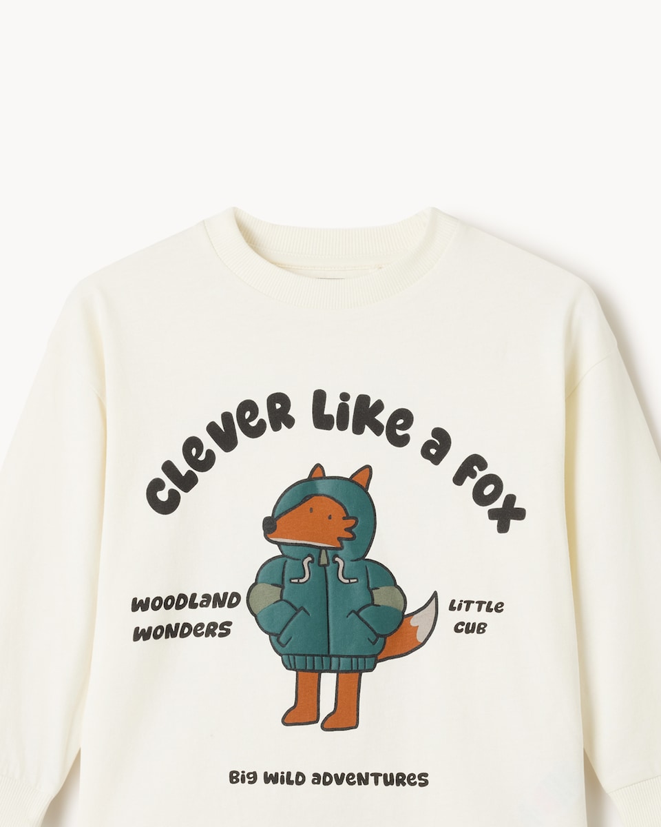 image 1 of F&F Boys Pure Cotton Fox Long Sleeved Top in Cream