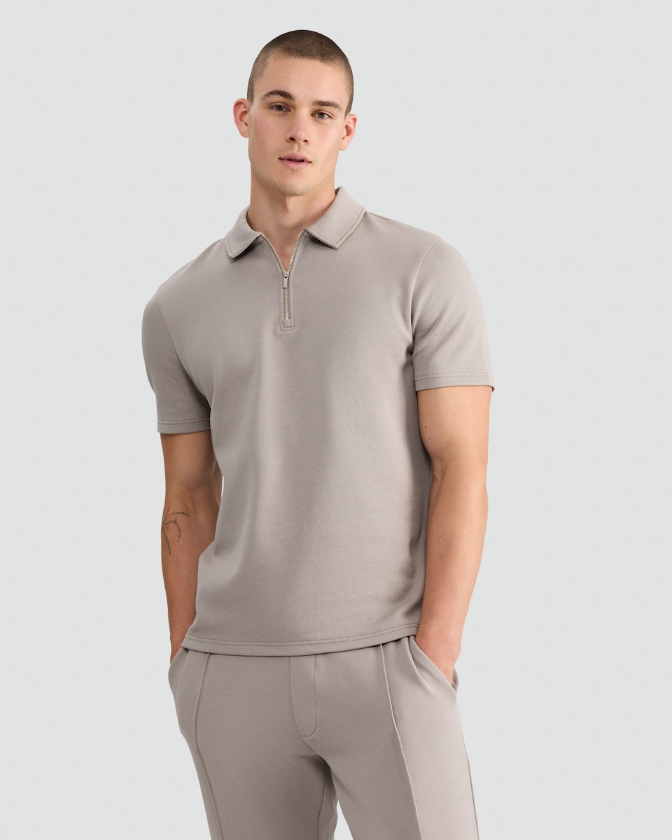 image 1 of The F&F Edit Cotton Rich Twill Textured Zip Neck Polo Shirt in Brown