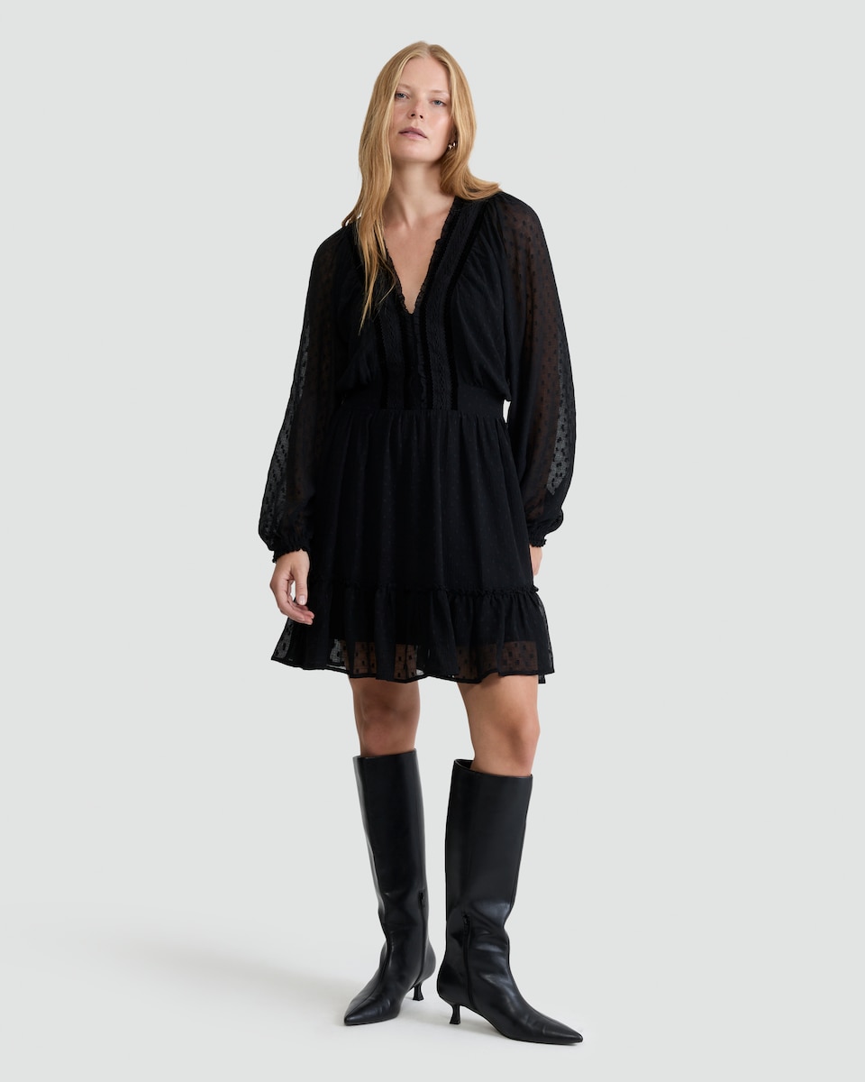 image 1 of F&F Chiffon Dobby Velvet Long Sleeved Dress in Black