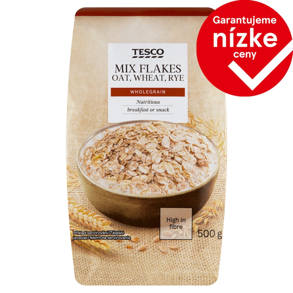 Tesco Zmes hrubých ovsených, hrubých pšeničných a hrubých ražných vločiek 500 g
