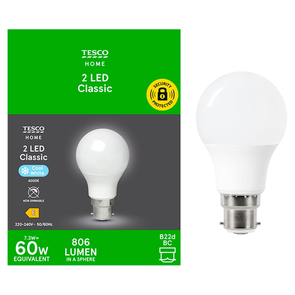 Tesco Led Classic 60W Bayonet Cap Cool White 2 Pack