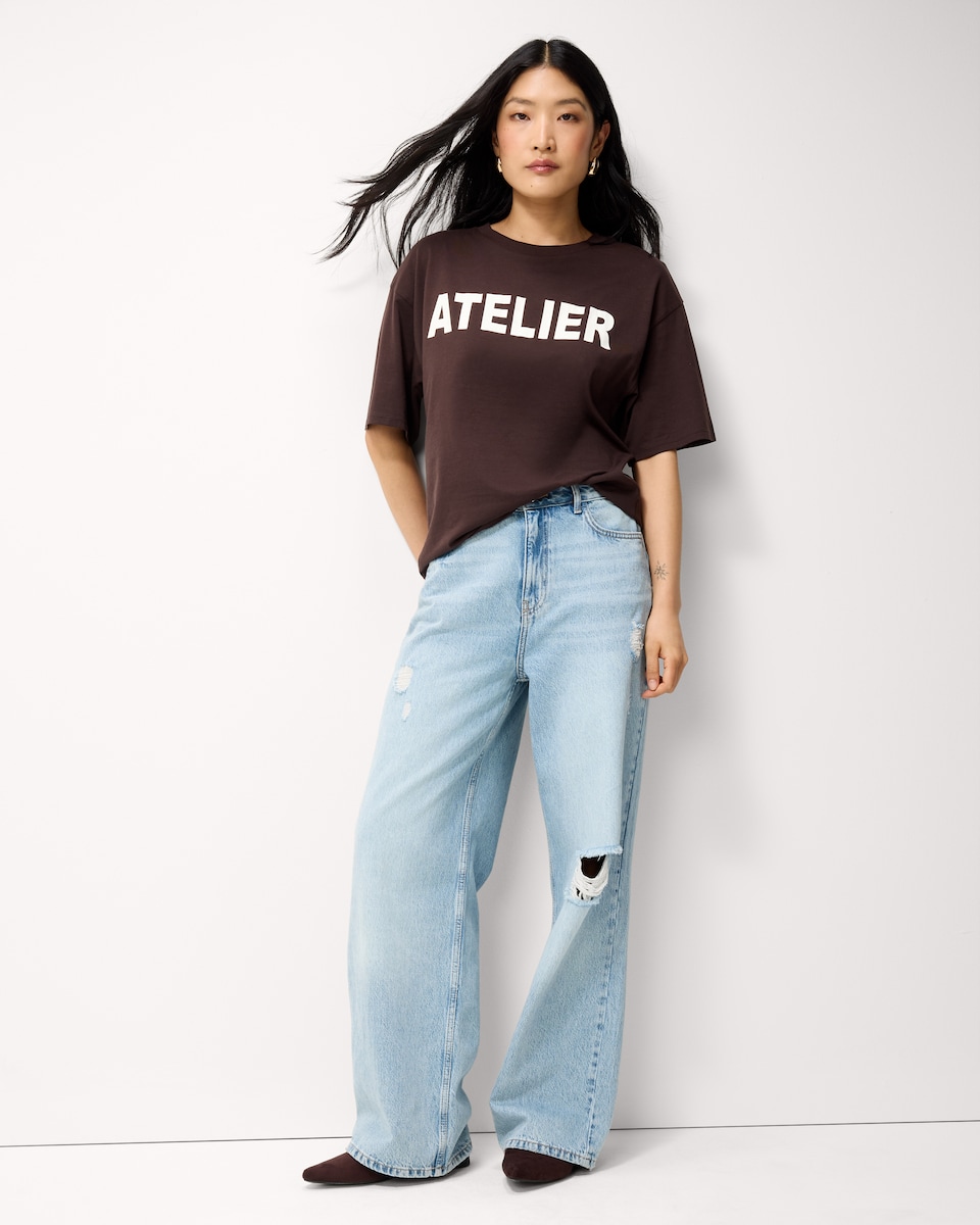 image 1 of F&F Pure Cotton Slogan T-Shirt in Chocolate