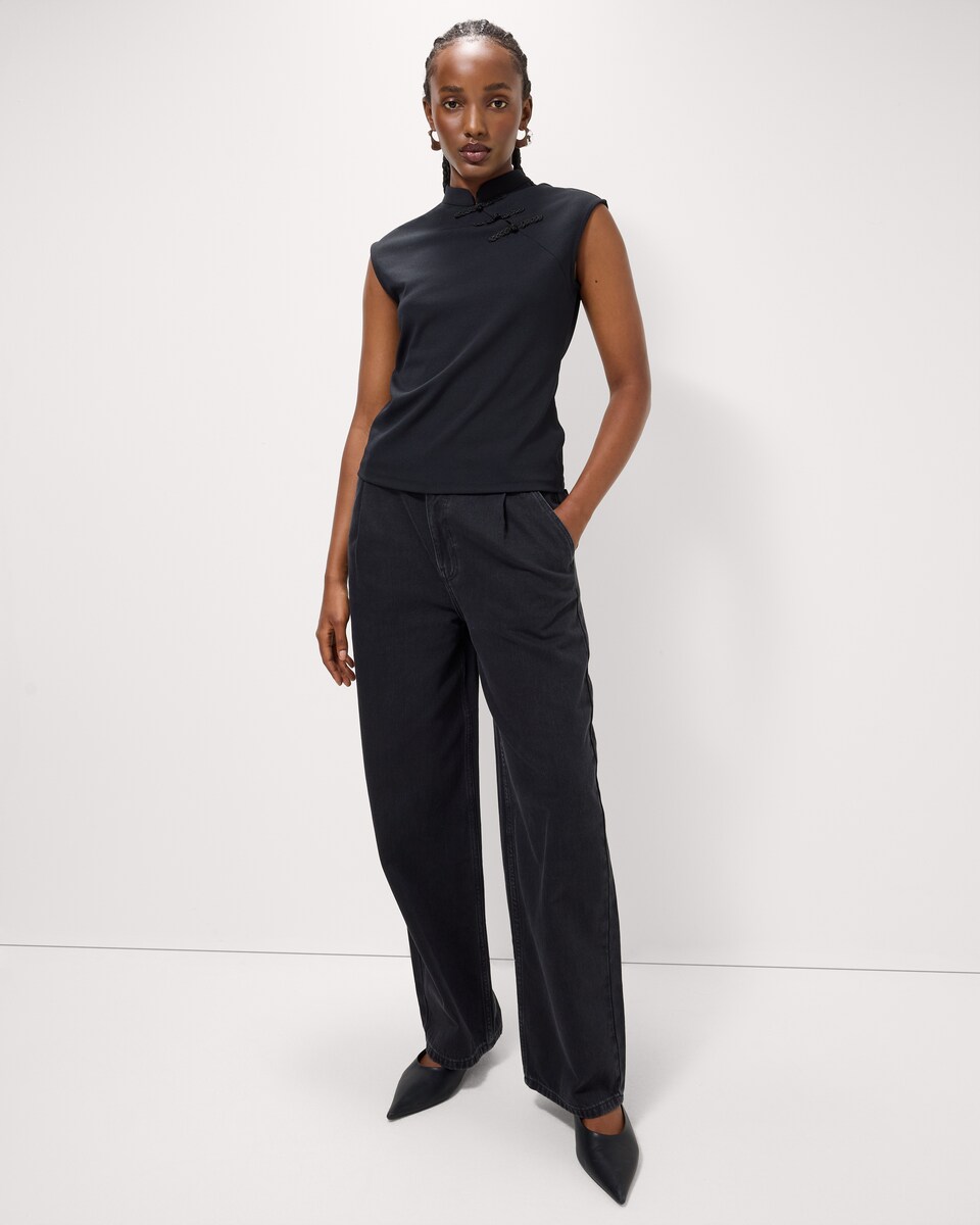 image 1 of F&F High Neck Collared Top in Black