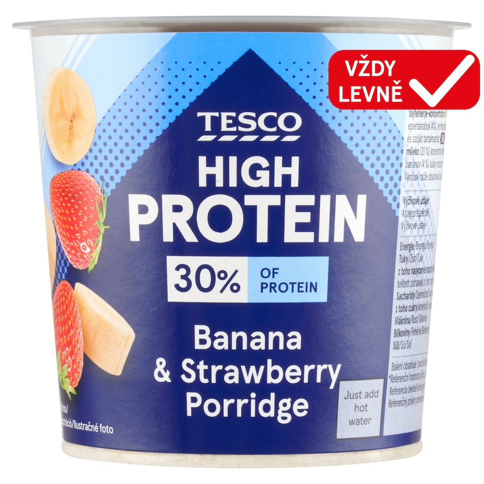 Tesco High Protein instantní ovesná kaše s kousky mrazem sušených banánů a jahod 65g