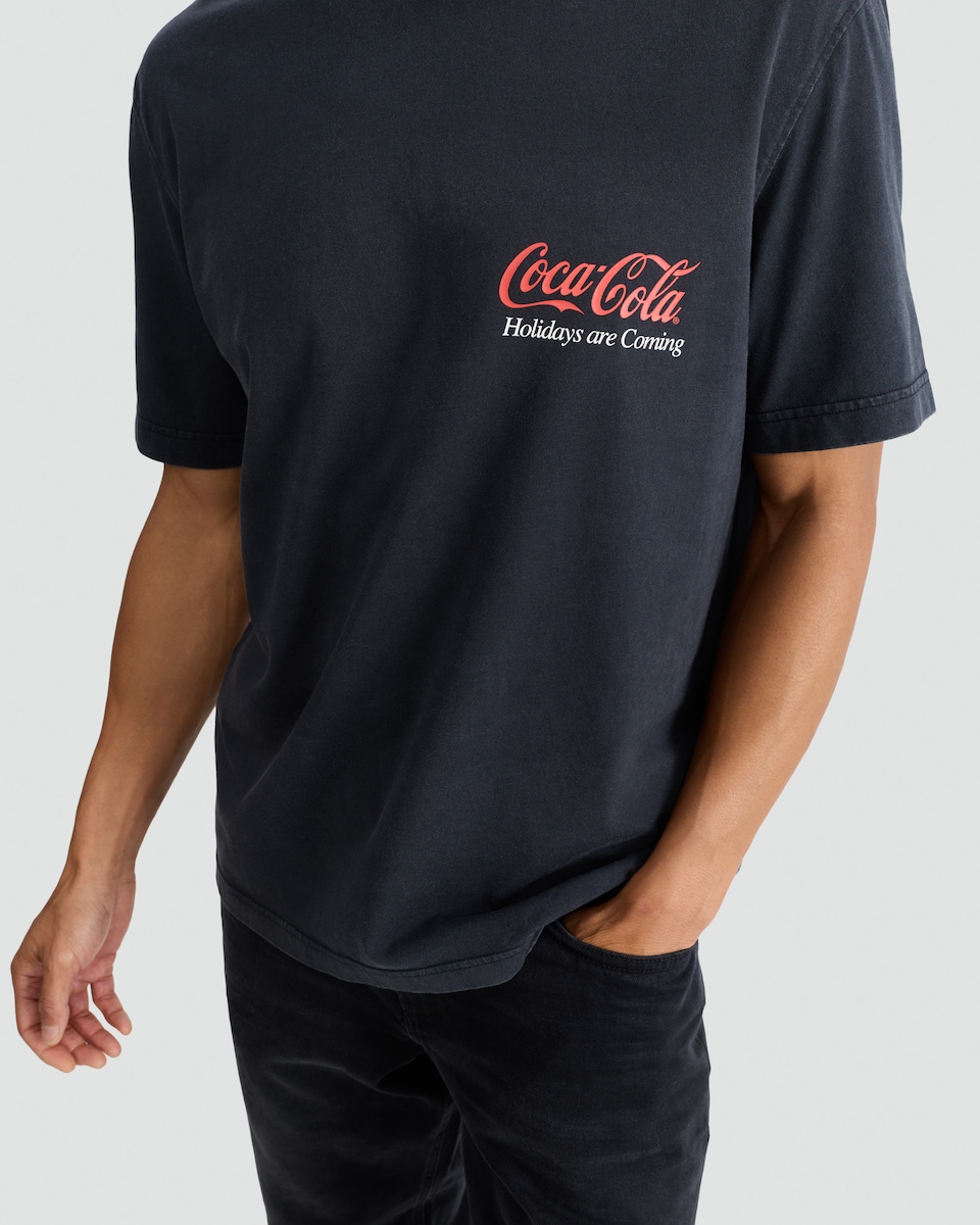 image 1 of Coca-Cola Holidays Are Coming Print Pure Cotton T-Shirt in Black