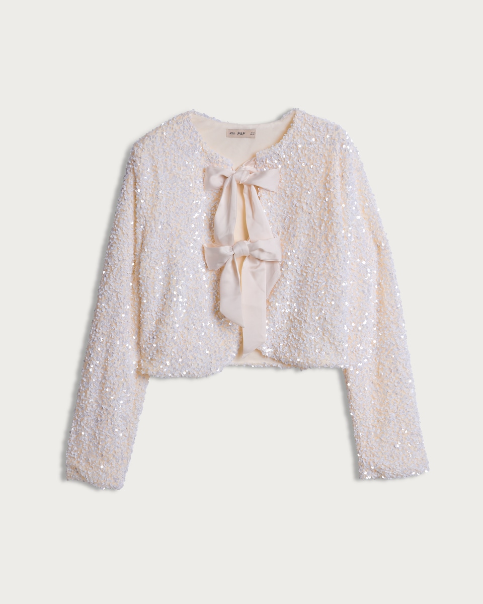 image 1 of F&F Sequin Faux Velvet Bow Jacket in Cream