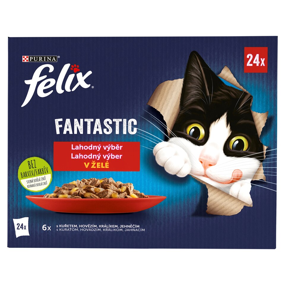 Obrázek 1 pro produkt Felix Fantastic kapsičky pro kočky kuře, hovězí, králík, jehněčí v želé 24 x 85g