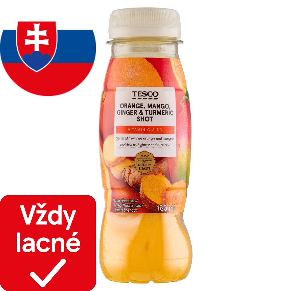 Tesco Nesýtený ovocný nápoj s pomarančovou šťavou, mangom, zázvorom, kurkumou 180 ml	