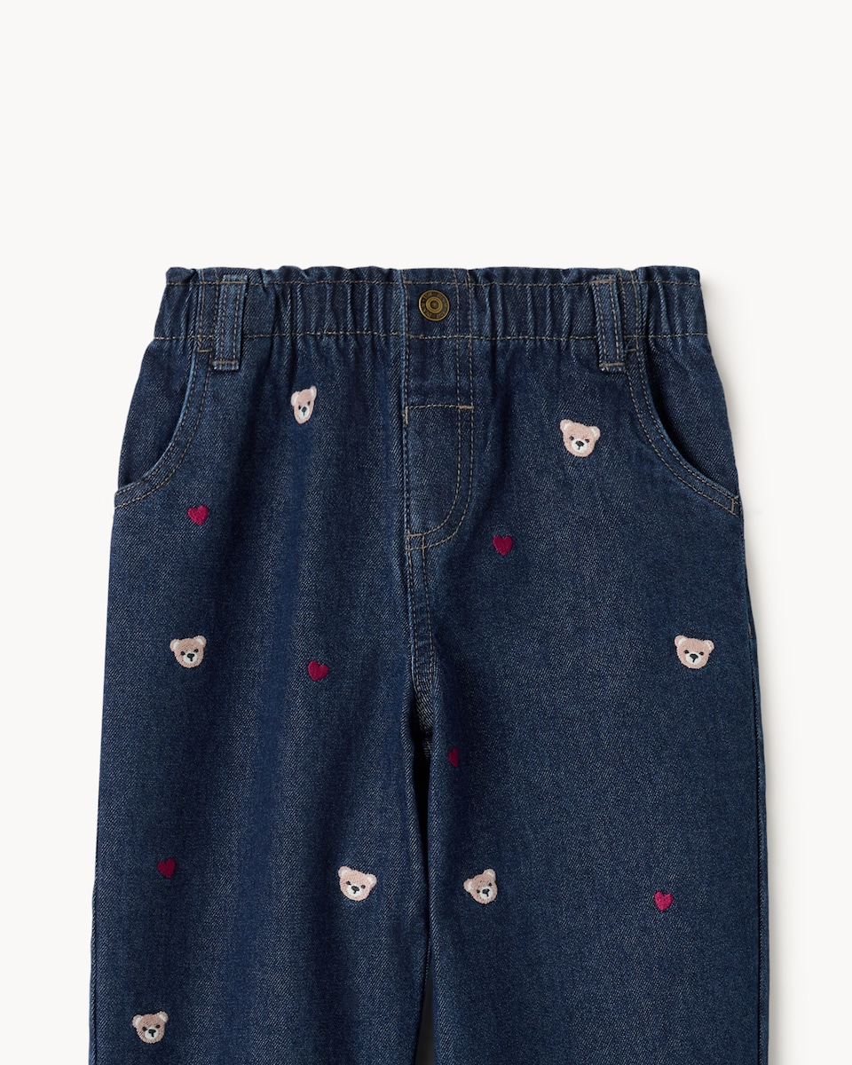 image 1 of F&F Girls Pure Cotton Embroidered Jeans in Blue