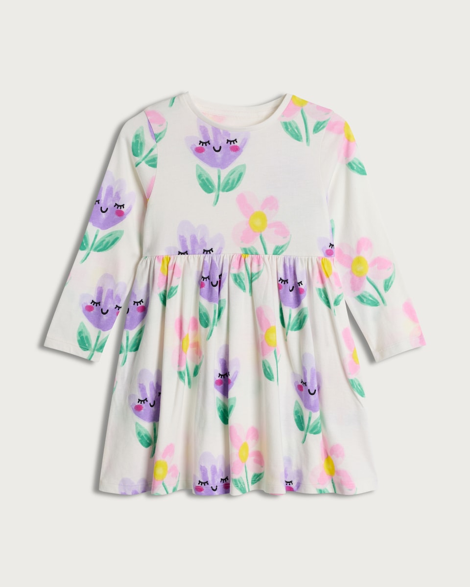 image 1 of F&F Girls Pure Cotton Floral Print Long Sleeved Dress in Pink