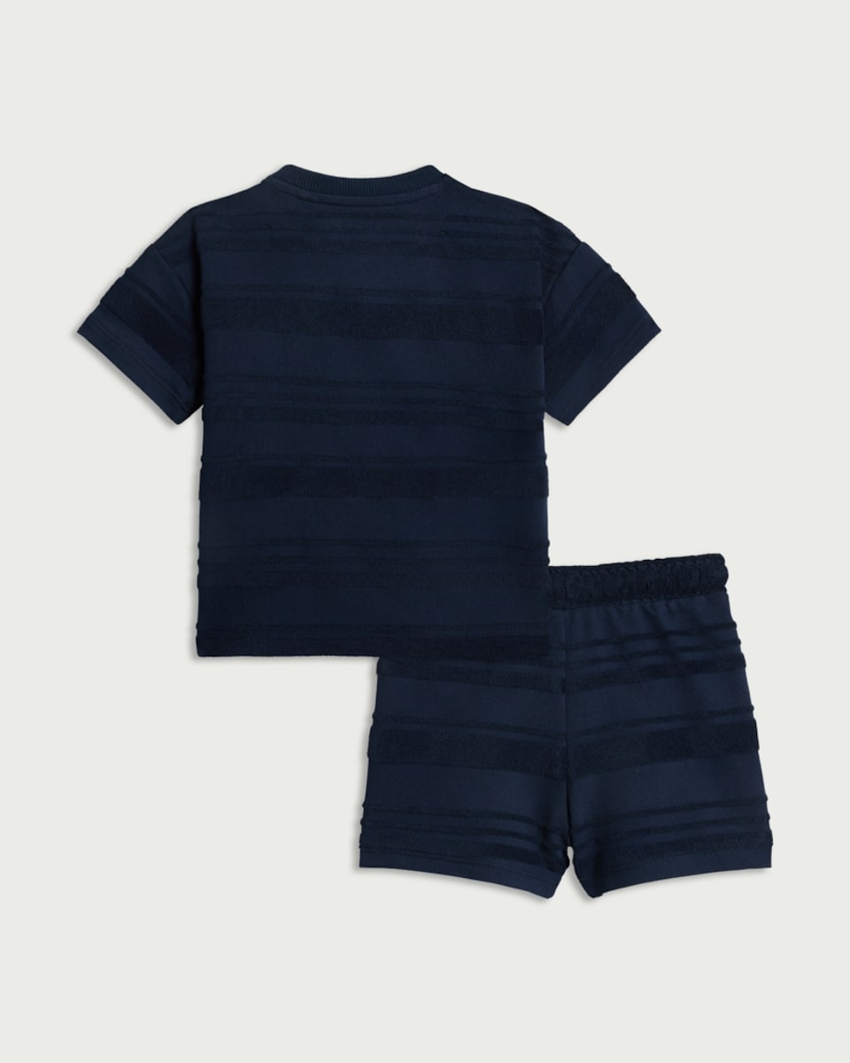 image 1 of F&F Baby 2-Piece Cotton Rich Textured Striped Top and Shorts Set in Navy