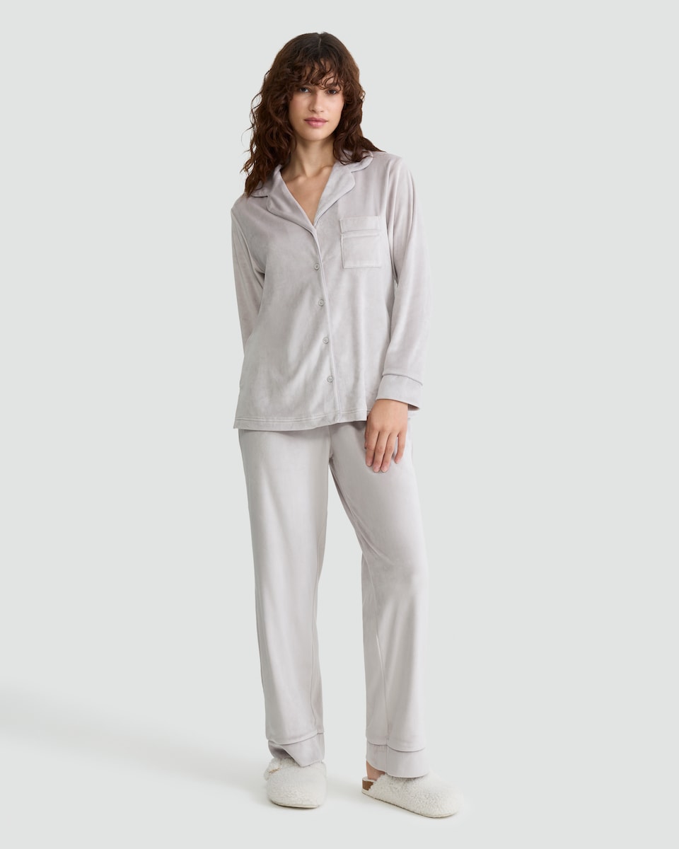 image 1 of F&F Velour Textured Shirt and Trousers Revere Pyjama Set in Purple