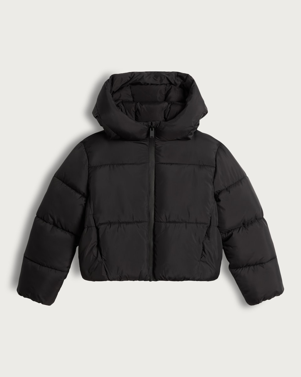 image 1 of F&F Girls Cropped Hooded Shower Resistant Puffer Jacket in Black