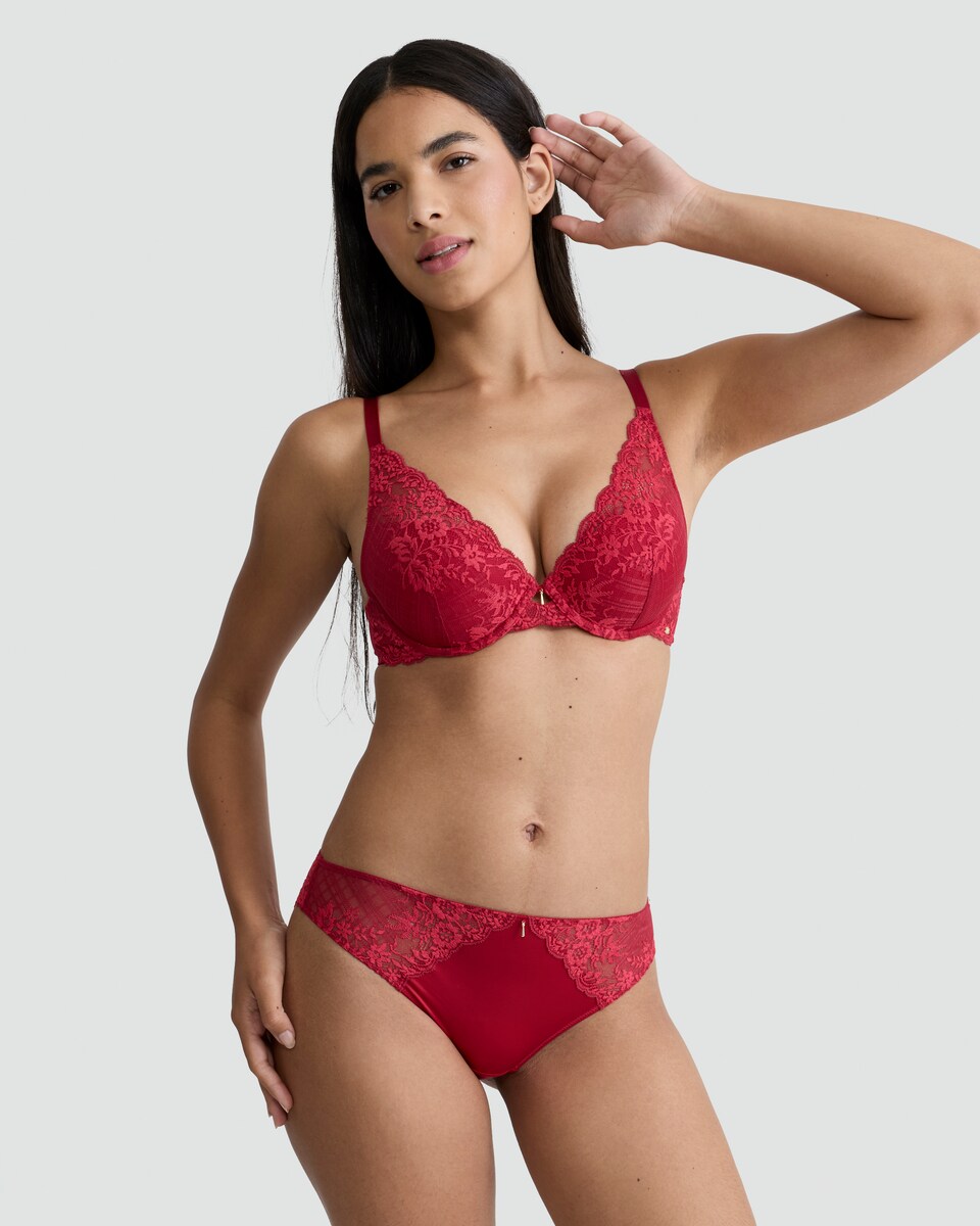 image 1 of F&F Floral Lace Detail Underwired Plunge Bra in Red
