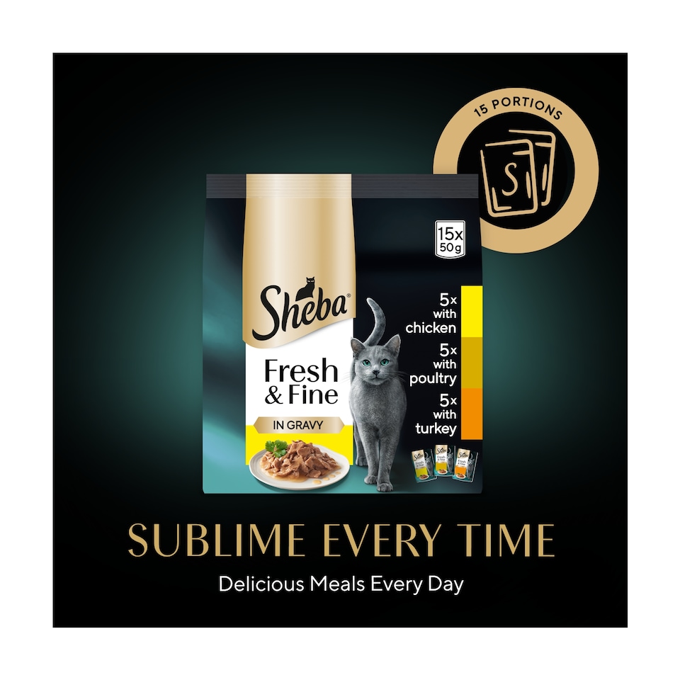 image 1 of Sheba Fresh & Fine Wet Cat Food Pouches Poultry in Gravy 15x50g