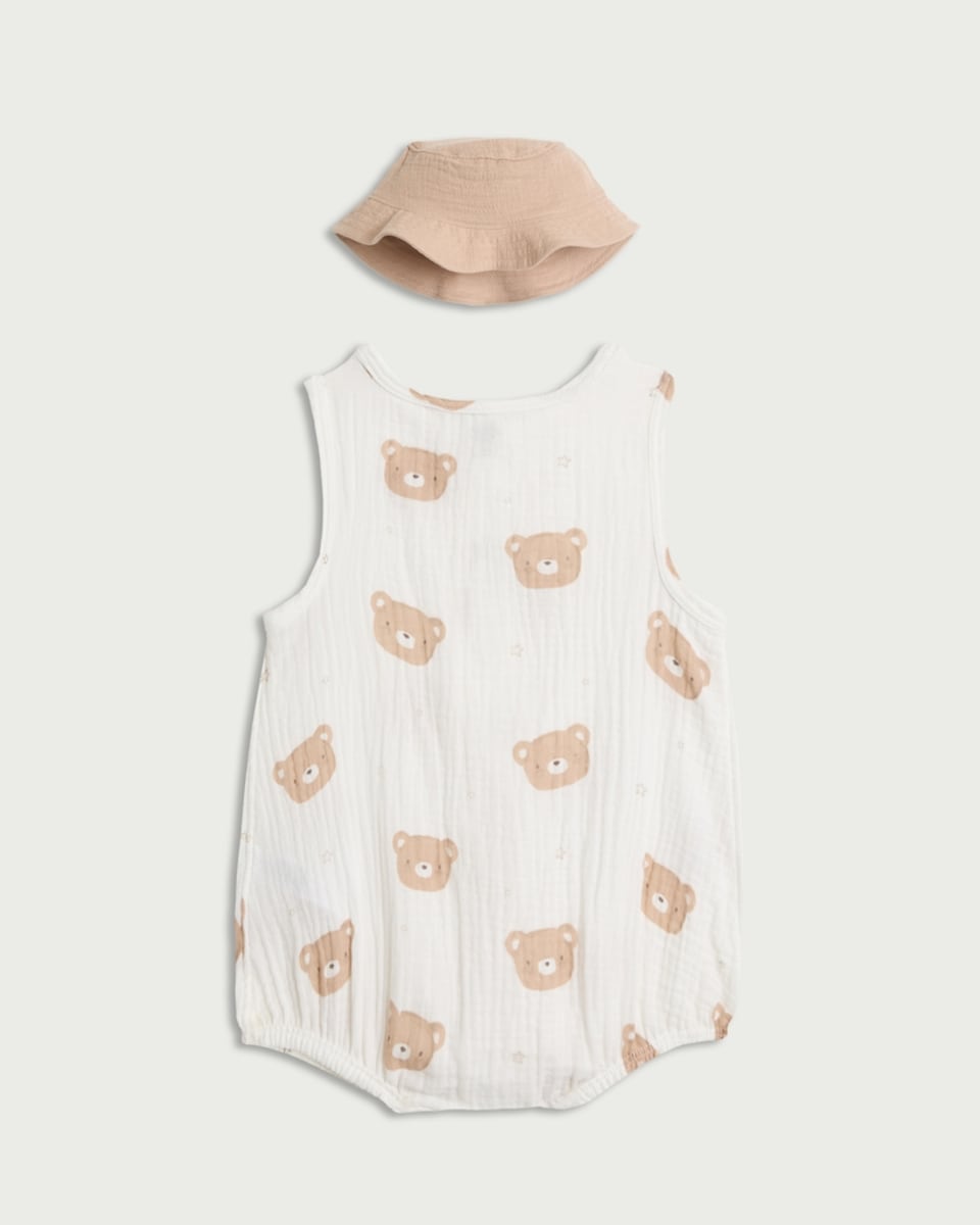 image 1 of F&F Baby 2-Piece Pure Cotton Bear Print Romper and Hat Set in White