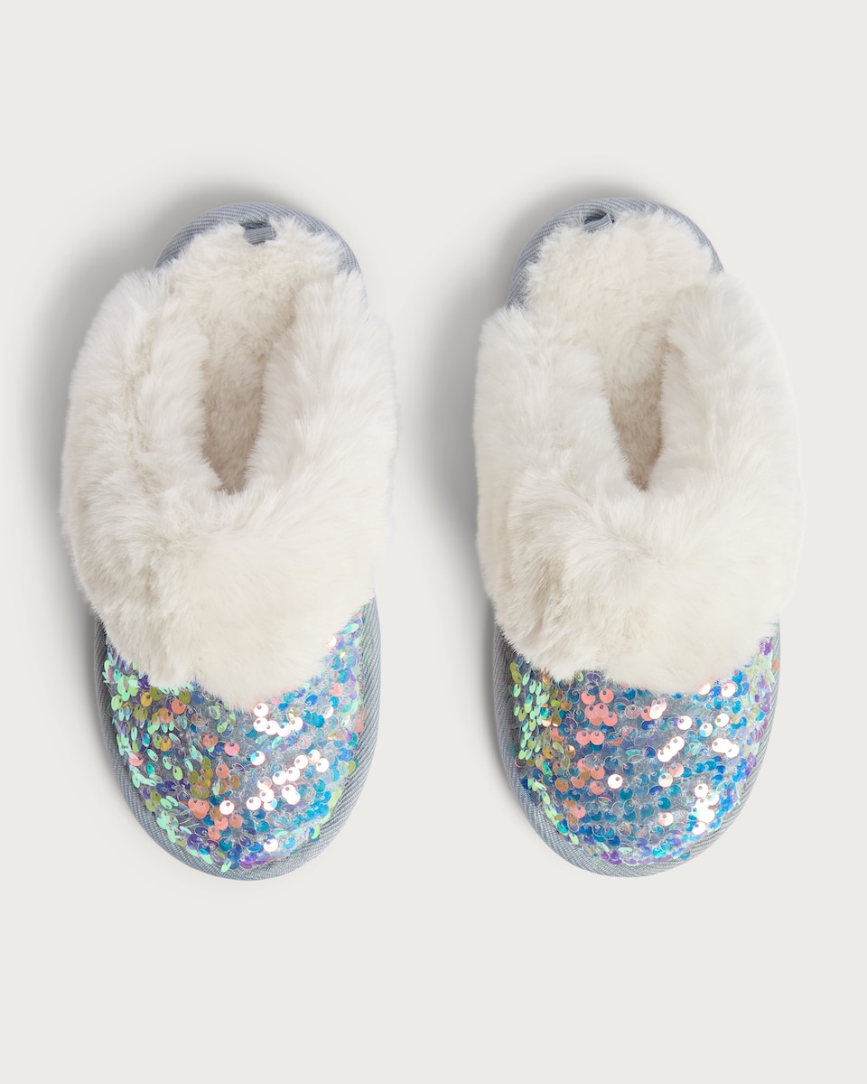 image 1 of F&F Girls Sequin Faux Fur Trim Mule Slippers in Blue
