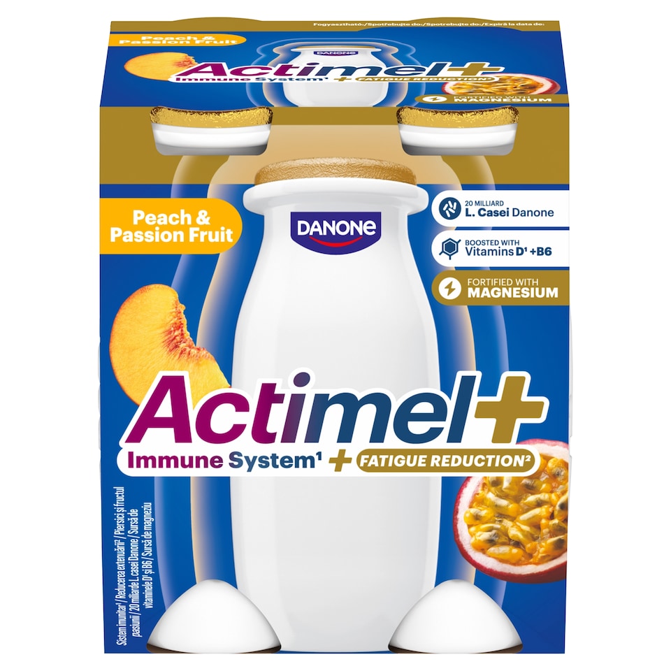 Danone Actimel+ Peach and Passion Fruit Flavoured Low-Fat Yogurt-Based Drink 4 x 100 g (400 g)