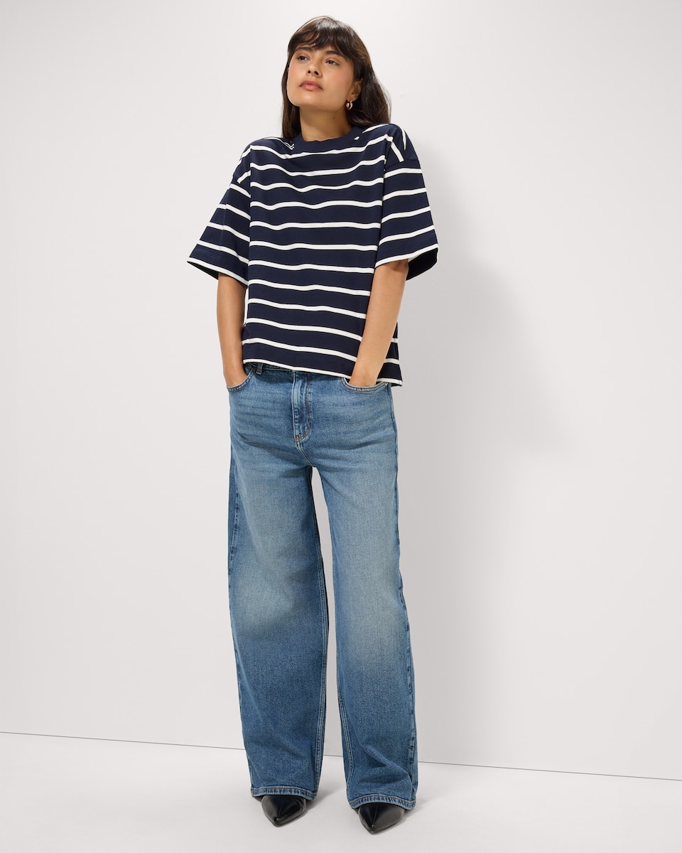 image 1 of F&F Pure Cotton Striped Boxy T-Shirt in Navy