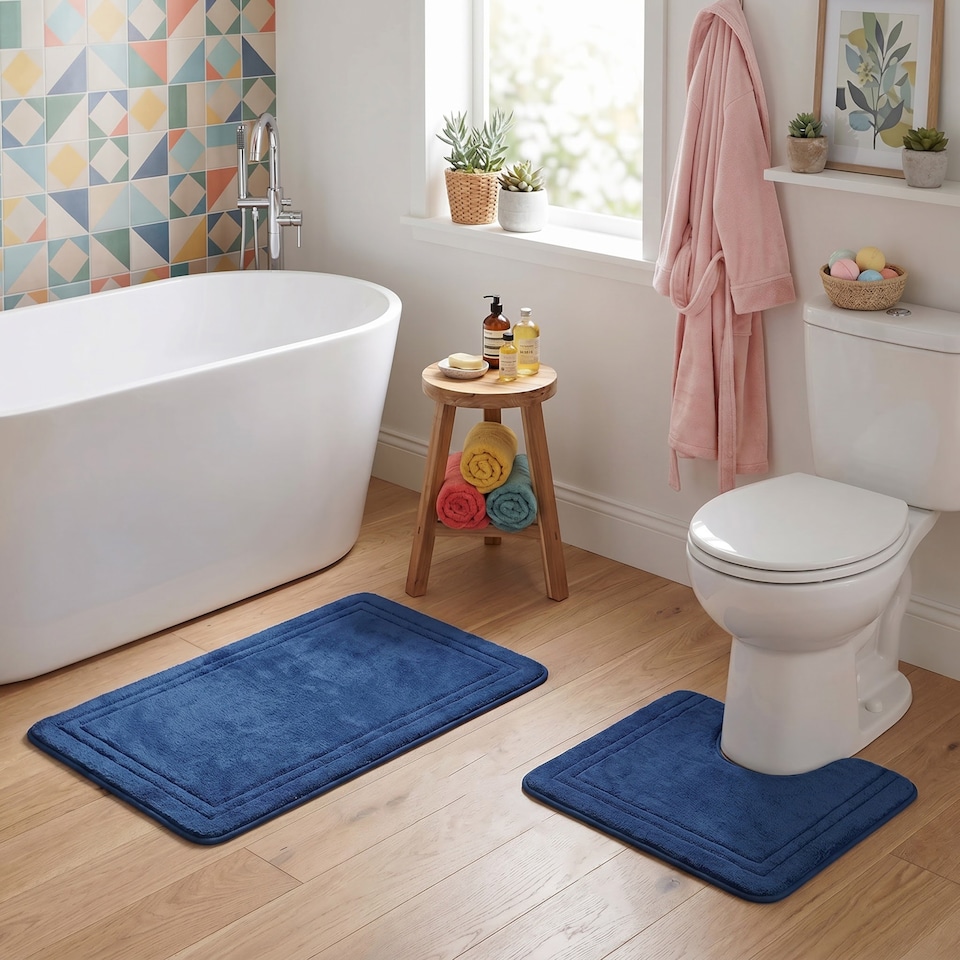 image 1 of Beldray Navy Anti-Mould Bath Mat & Pedestal Mat Set