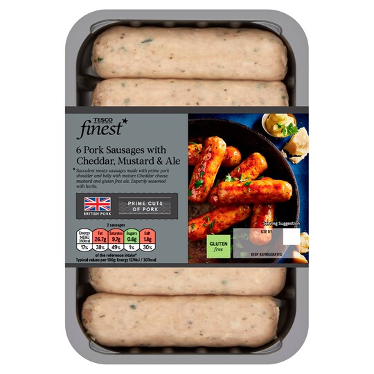 Tesco Finest 6 Pork Sausages, Cheddar Mustard & Ale 400G
