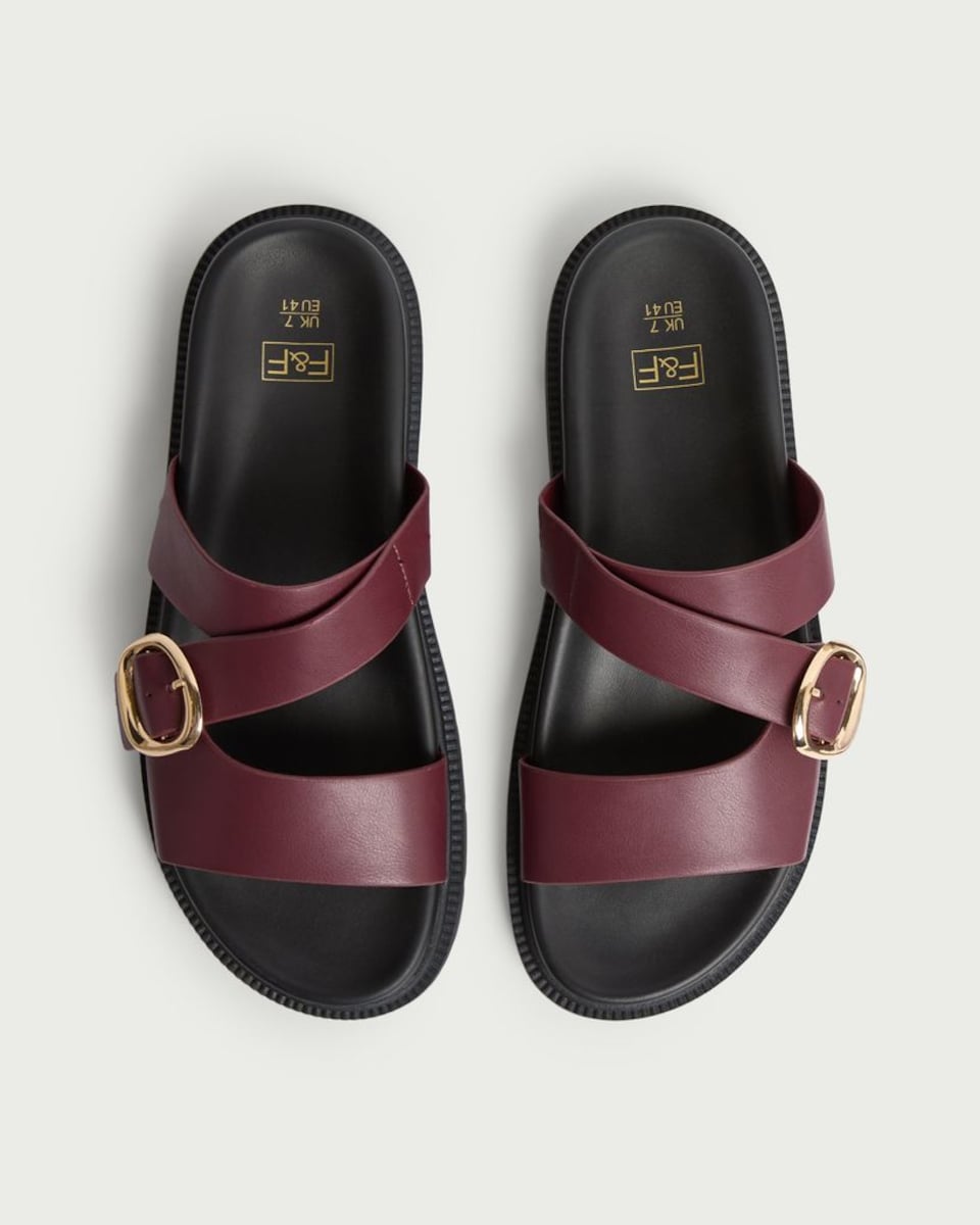 image 1 of F&F Cross Strap Buckle Detail Sandals in Burgundy