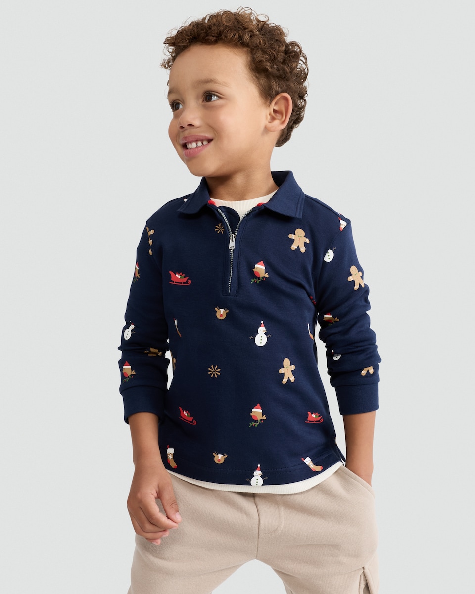 image 1 of F&F Boys Pure Cotton Christmas Print Zip Neck Polo Top in Navy