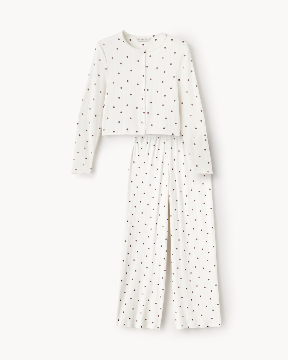 image 1 of F&F Pointelle Polka Dot Pyjama Set in Cream