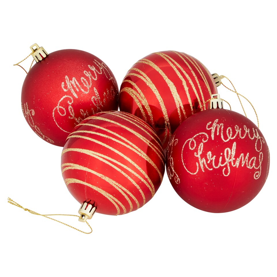 Tesco 4 Pack Red Merry Christmas And Swirl Baubles