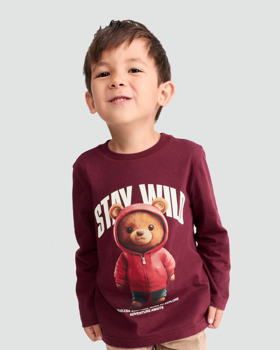 image 1 of F&F Boys Pure Cotton Stay Wild Long Sleeved Top in Purple