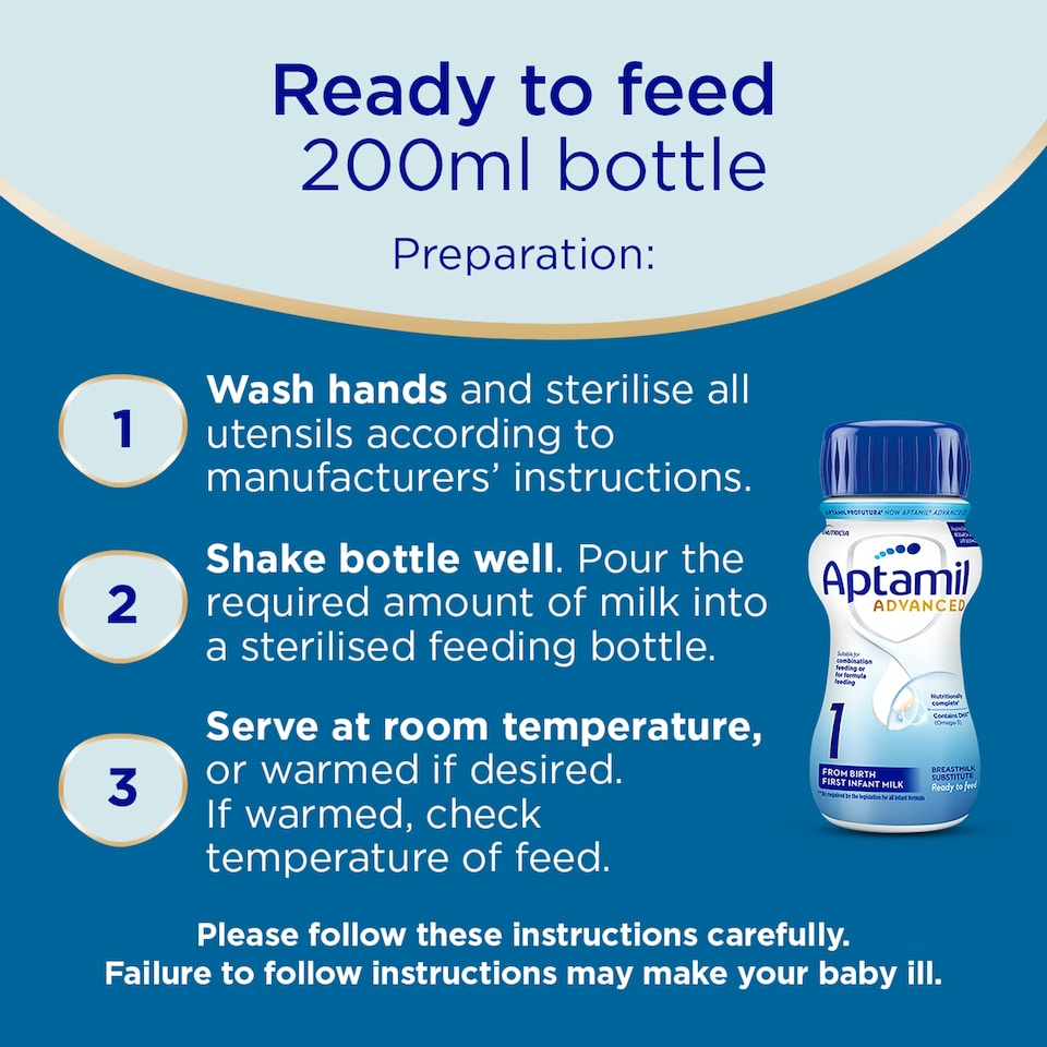 image 1 of Aptamil Advanced 1 First Baby Milk Formula Liquid Ready to Feed from Birth 4x200ml