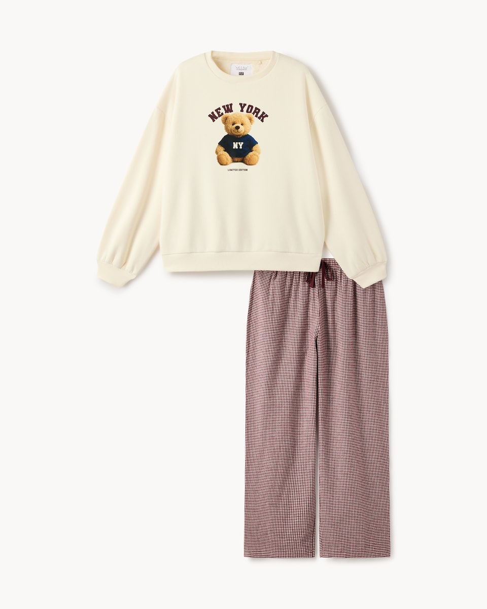 image 1 of F&F Cotton Rich Teddy Bear Checked Pyjama Set in Cream