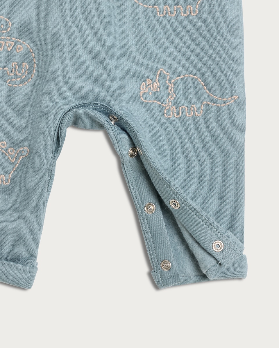 image 1 of F&F Baby 2-Piece Cotton Rich Embroidered Dinosaur Dungarees and Bodysuit Set in Green