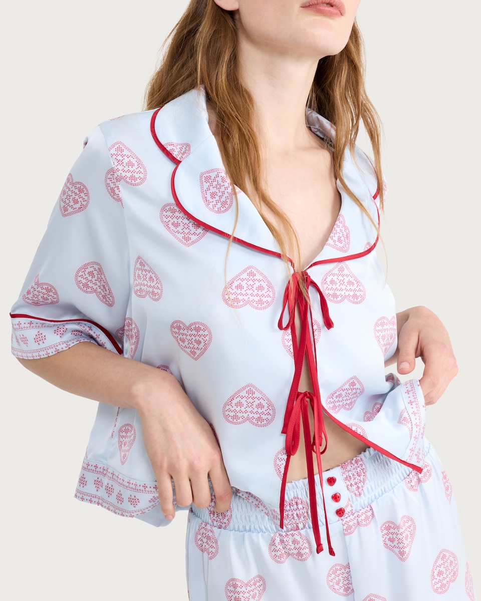 image 1 of F&F CoolEase™ Satin Heart Print Shirt and Shorts Pyjama Set in Multi Blue