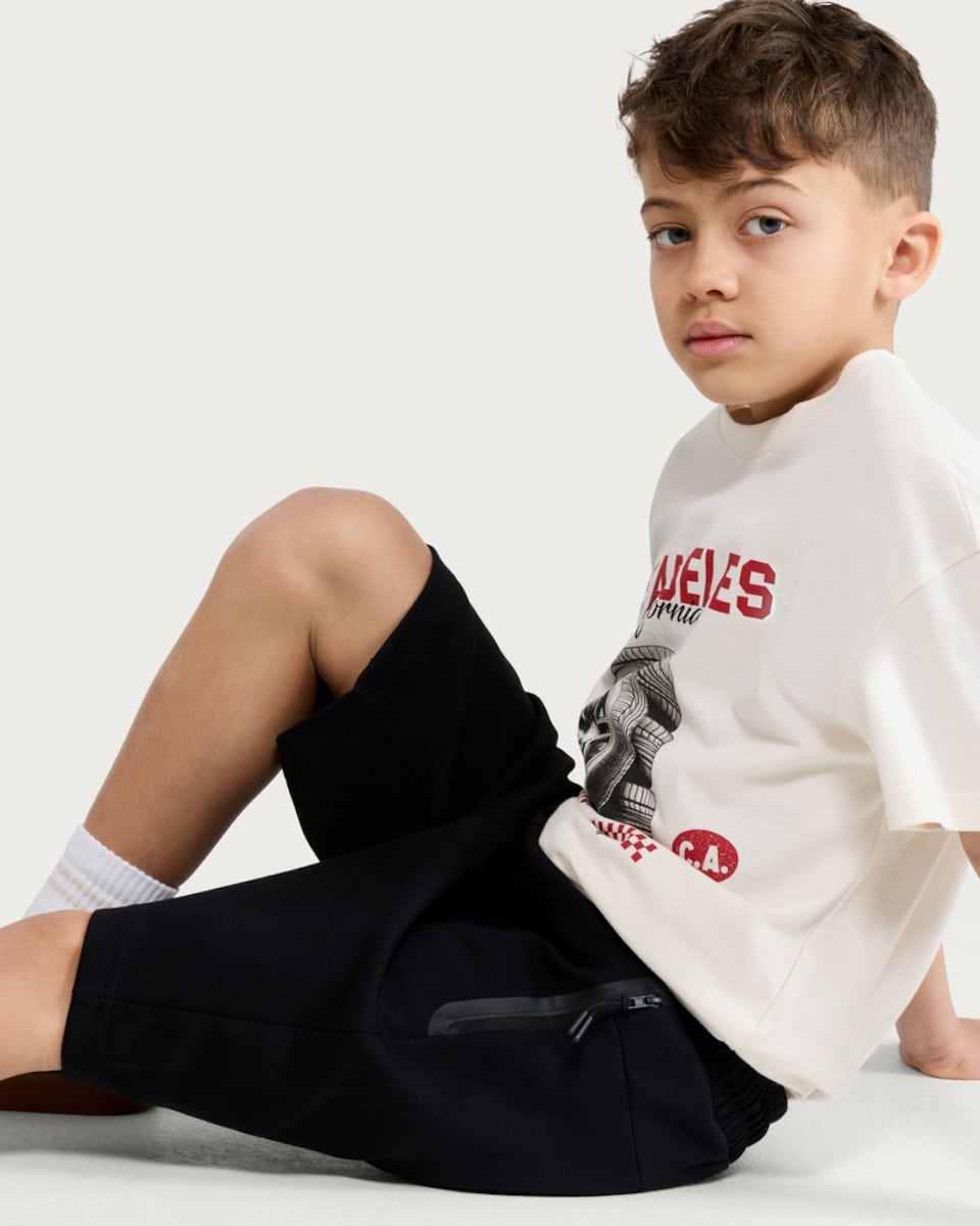 image 1 of F&F Active Boys TECHSPORT Side Panel Drawstring Shorts in Black