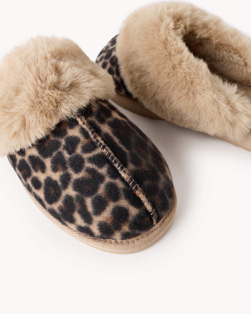 image 1 of F&F Faux Fur Leopard Print Mule Slippers in Brown