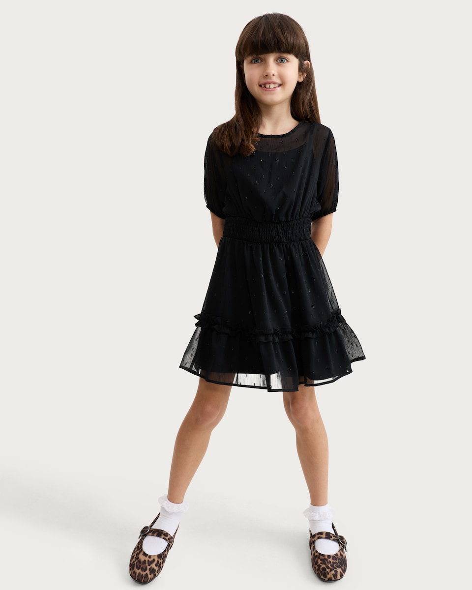 image 1 of F&F Girls Textured Smocked Waist Short Sleeved Dress in Black
