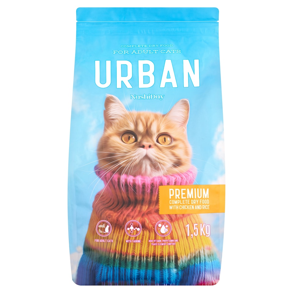 NashiDay Urban teljes értékű száraz állateledel felnőtt macskáknak csirkével és rizzsel 1,5 kg  1. kép