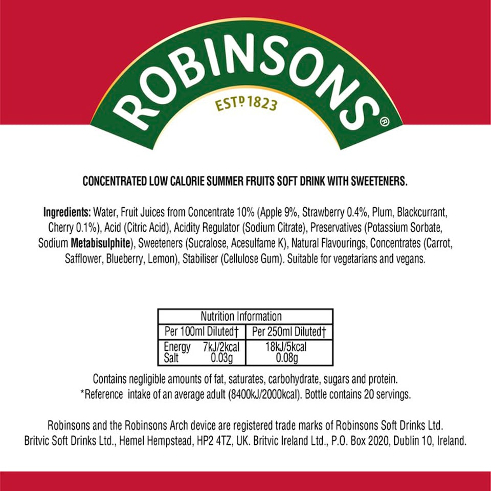 image 1 of Robinsons Summer Fruits No Added Sugar Squash 1L