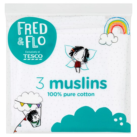 Fred & Flo Muslin Cloths White 3 Pack Tesco Groceries