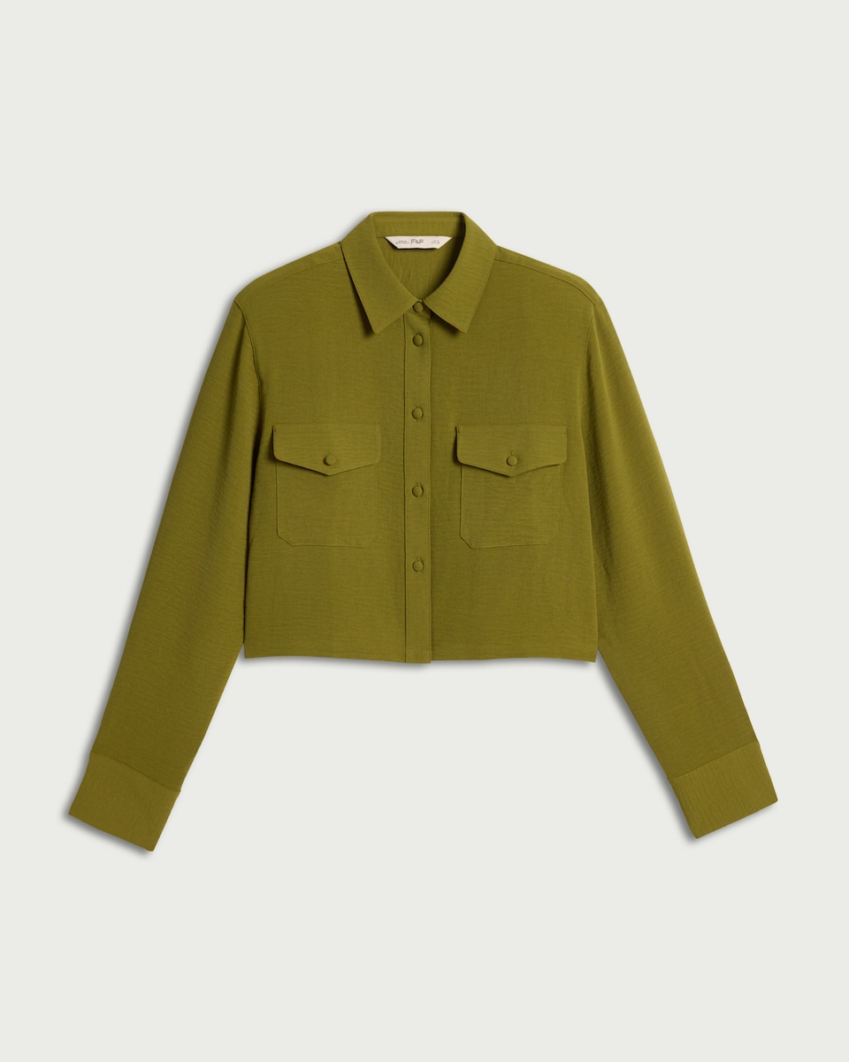 image 1 of F&F Textured Shoulder Pad Cropped Shirt in Green