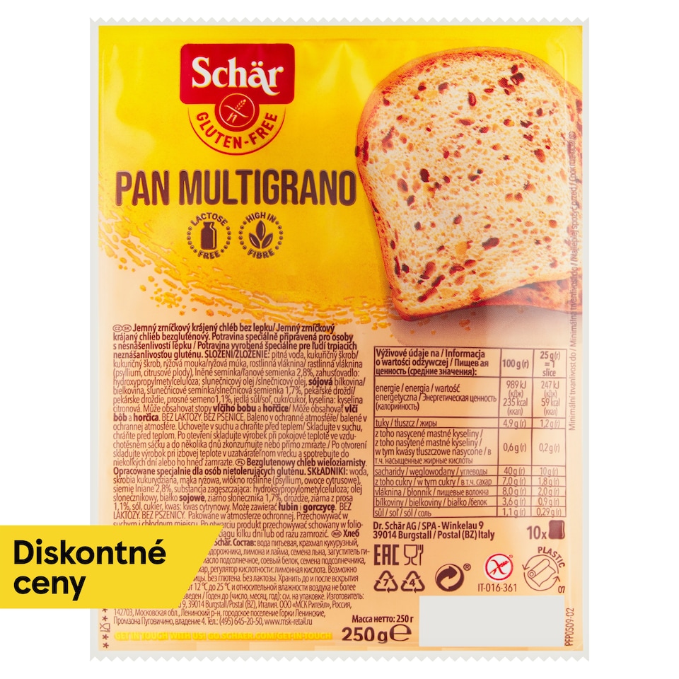 Schär Pan Multigrano jemný zrniečkový krájaný chlieb bezgluténový 250 g