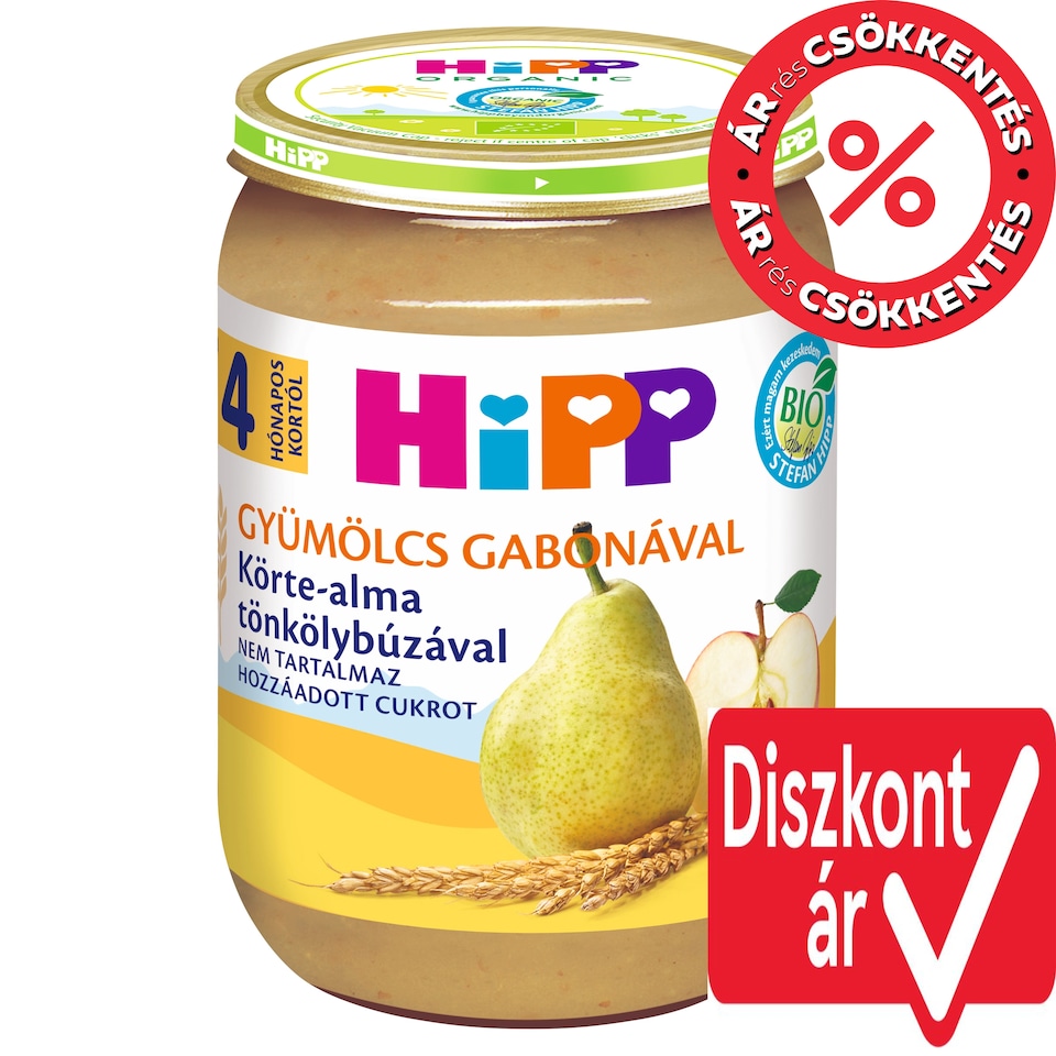 HiPP Gyümölcs Gabonával bio körte-alma tönkölybúzával bébidesszert  4 hónapos kortól 190 g